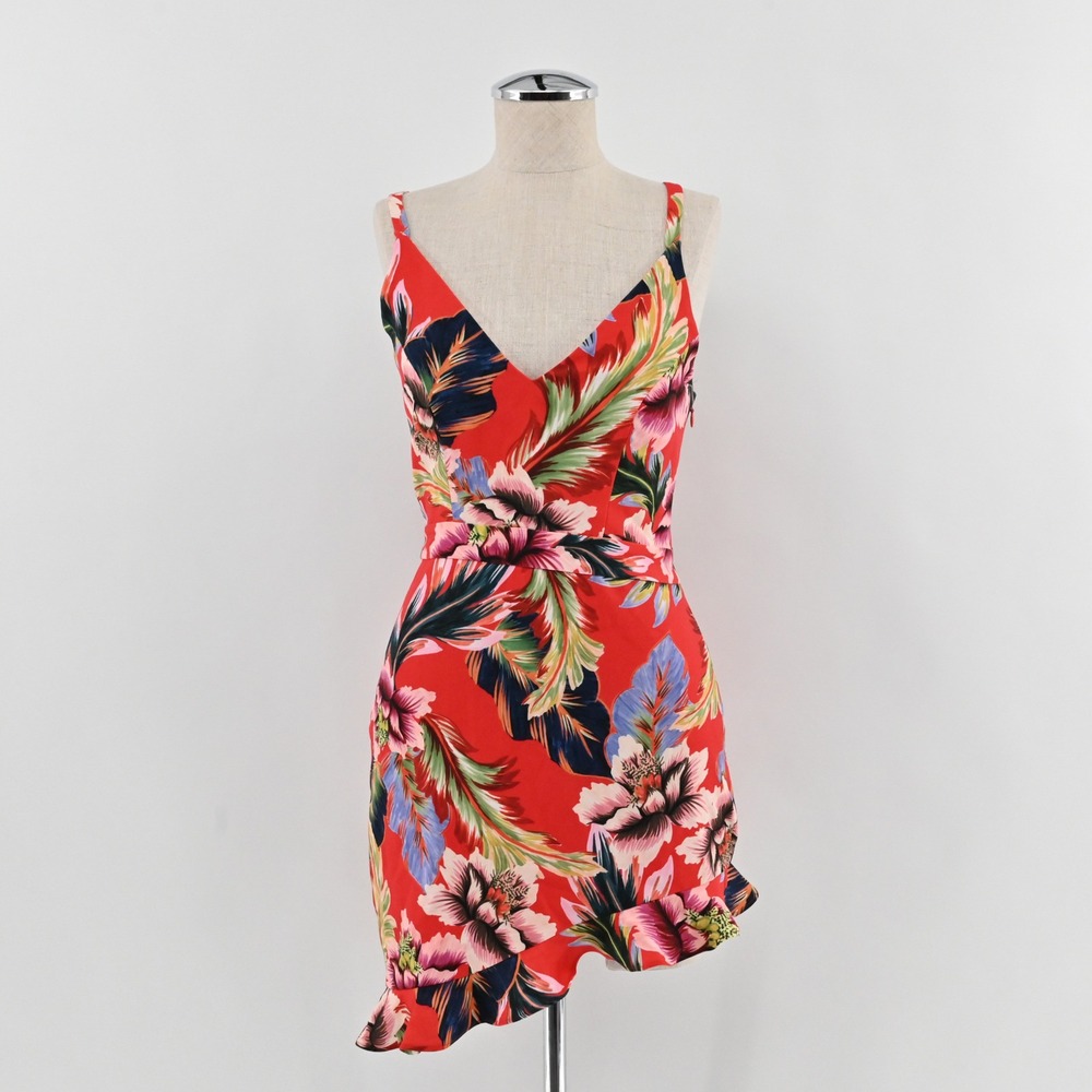 NBD x NAVEN Sydney Mini Dress Womens Size XS Red Tropical Floral Hibiscus Ruffle